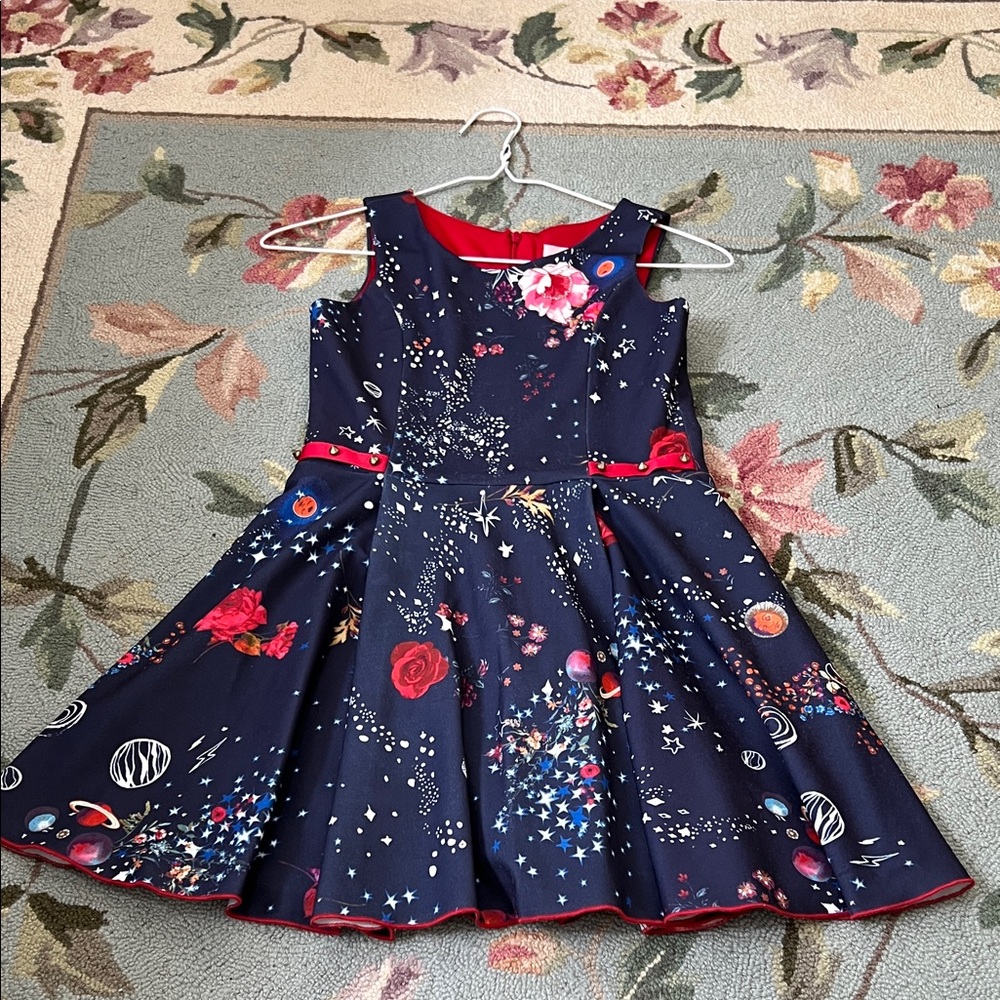 Zoe Ltd Navy Floral and Space-Print Party Dress with Red Trim